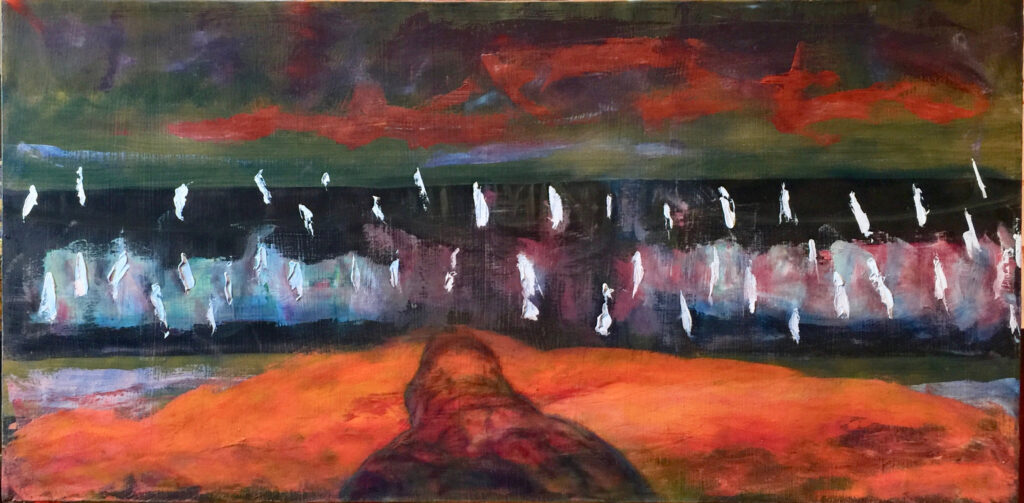 The Migraton World on Fire oil on canvas 18 X 36